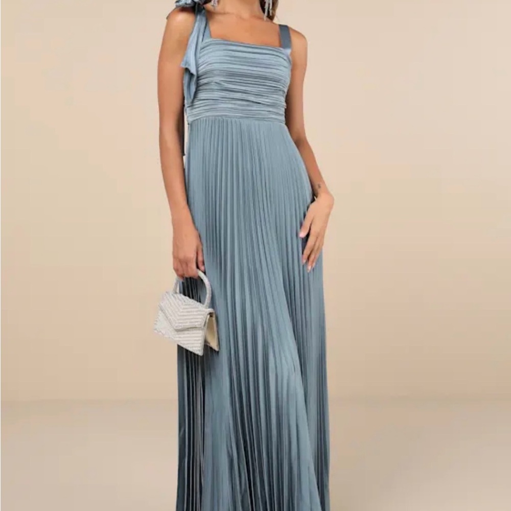 Gorgeous Purpose Slate Satin Pleated Sleeveless Bow Maxi Dress